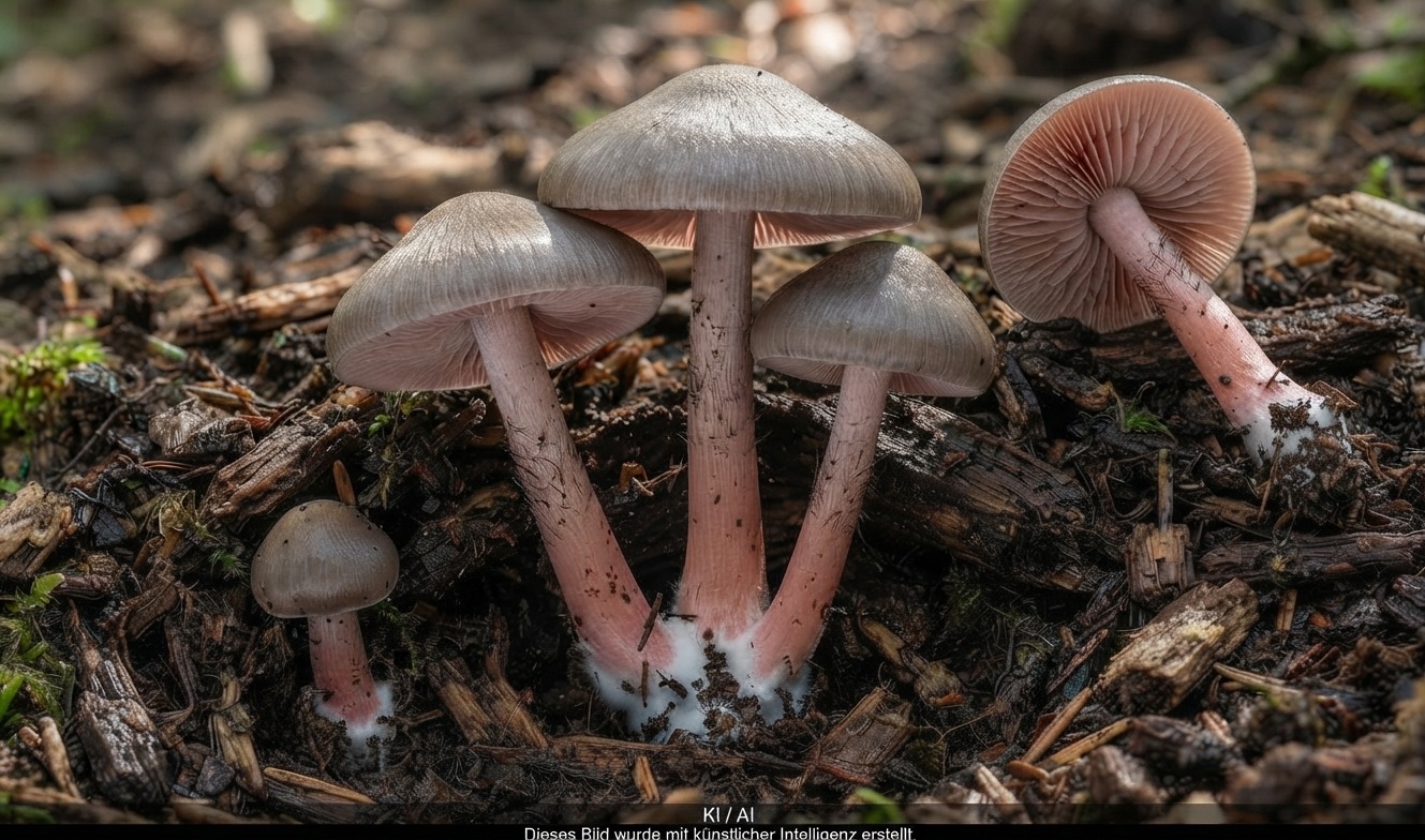 Rosastieliger Dachpilz - Bild exemplarisch, KI generiert. Es handelt sich hier um einen kleinen Vertreter der Dachpilze. Der Stiel zeigt Rosatöne, was ihn im Feld gut erkennbar macht; wenn man ihn denn auch mal findet. 
